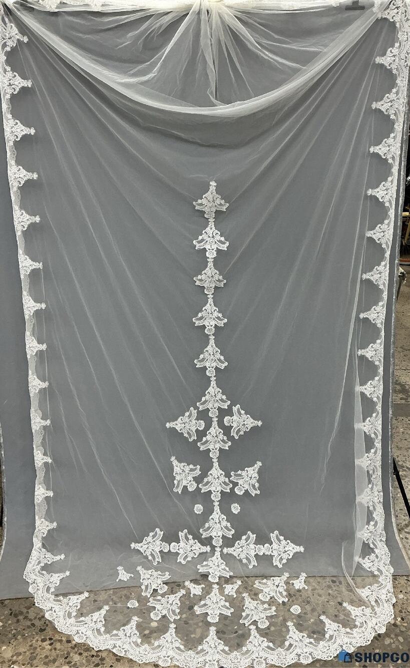Long Cathedral Bridal Veil White Tulle Lace Appliqué Floral Scroll Silver Comb